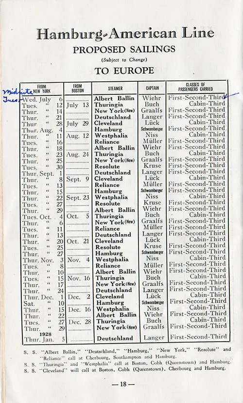 Hamburg-American Line Proposed Sailings to Europe, From 6 July 1927 to 5 January 1928.