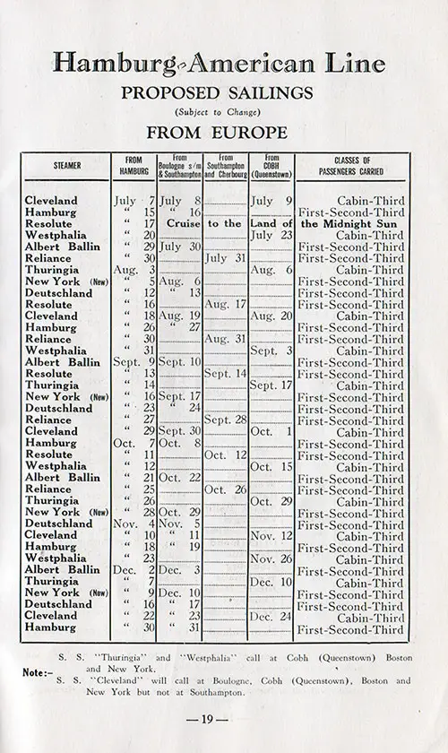 Hamburg-American Line Proposed Sailings from Europe, From 7 July 1927 to 31 December 1927.