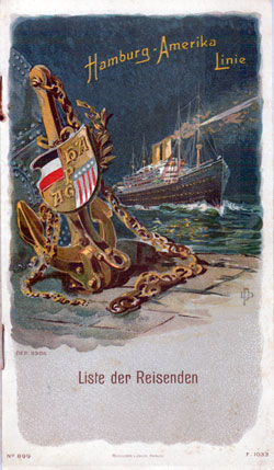 Passenger Manifest, SS Amerika, Hamburg America Line, November 1908, Hamburg to New York 