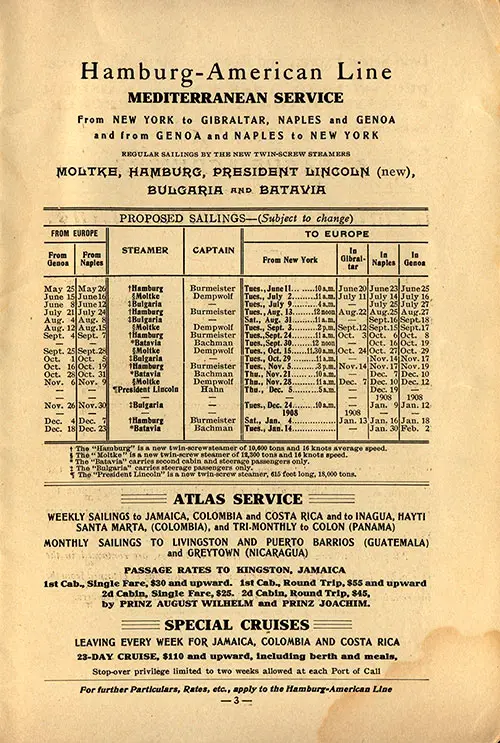 Sailing Schedule, Genoa-Naples-New York and New York-Gibraltar-Naples-Genoa, from 28 May 1907 to 2 February 1908.