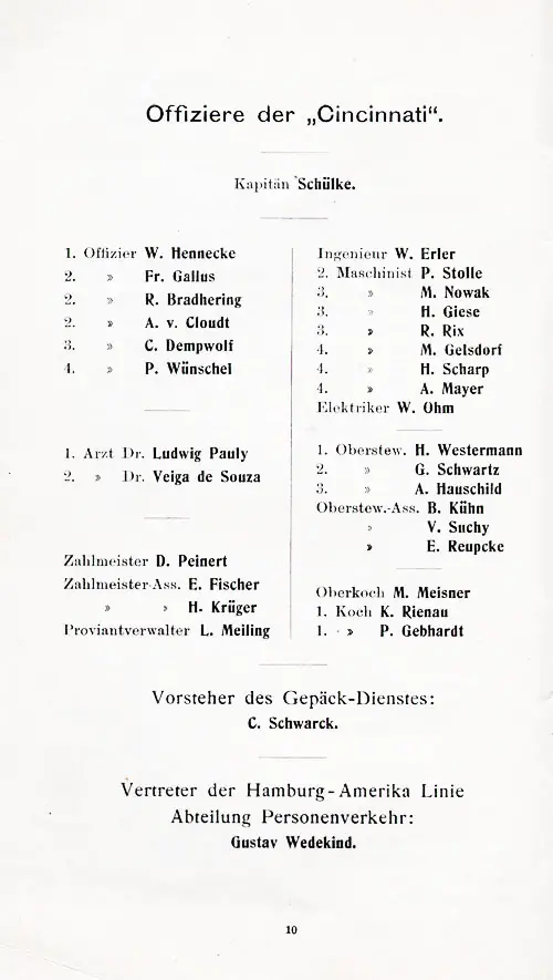 Senior Officers and Staff of the SS Cincinnati for the Voyage of 30 June 1910.