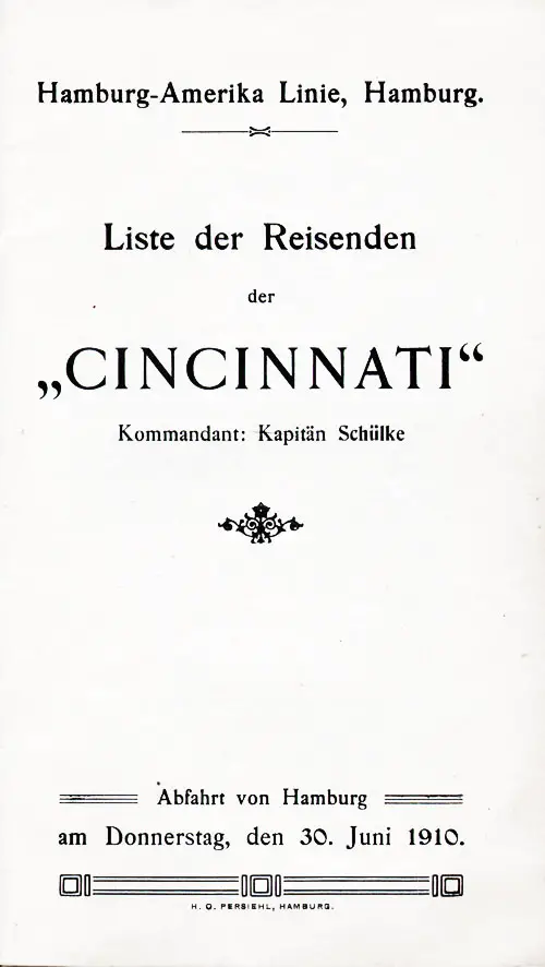 Title Page, SS Cincinnati Cabin Passenger List, 30 June 1910.