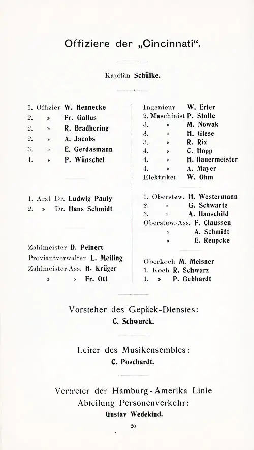 Senior Officers and Staff of the SS Cincinnati for the Voyage of 8 September 1910.