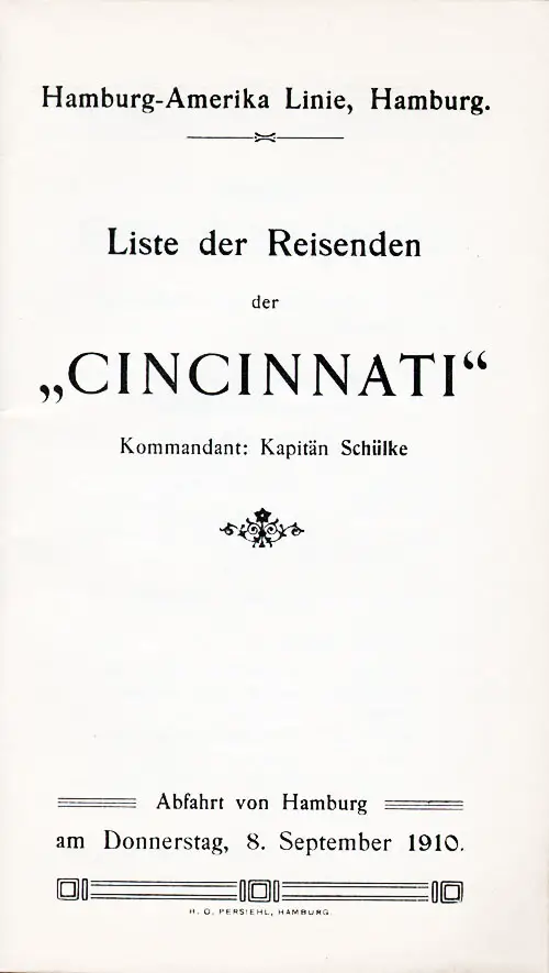 Title Page, SS Cincinnati Cabin Passenger List, 8 September 1910.