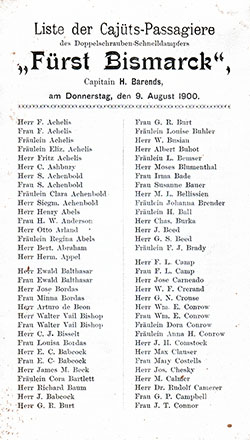 Passenger Manifest, Hamburg-Amerika Linie SS Fürst Bismarck, 1900, Hamburg, Germany to New York