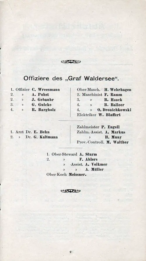 Listing of Officers of the SS Graf Waldersee, SS Graf Waldersee Passenger List, 29 July 1905.