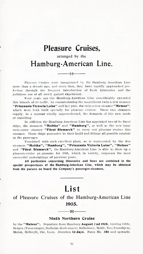 Advertisement for 1905 Pleasure Cruises Arranged by the Hamburg-American Line.
