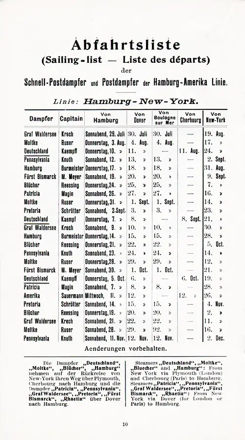 Sailing Schedule, Hamburg-Dover-Boulogne-Cherbourg-New York, from 29 July 1905 to 2 December 1905.