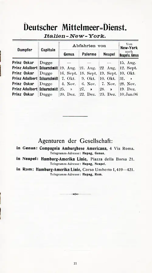 Sailing Schedule, Genoa-Palermo-Naples-New York, from 15 August 1905 to 10 January 1906.