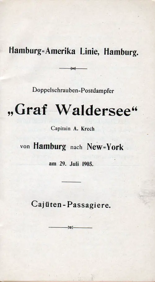 Title Page, SS Graf Waldersee Cabin Passenger List, 29 July 1905.