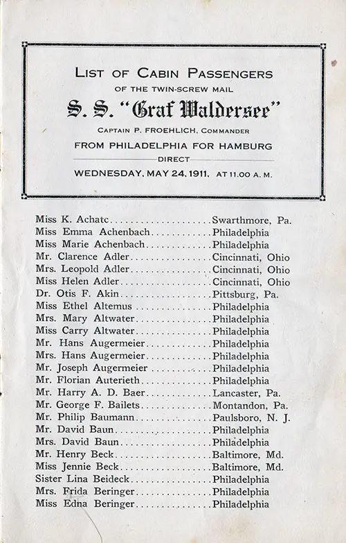 Title Page and Cabin Passengers (Achatc to Beringer), SS Graf Waldersee, 24 May 1911.