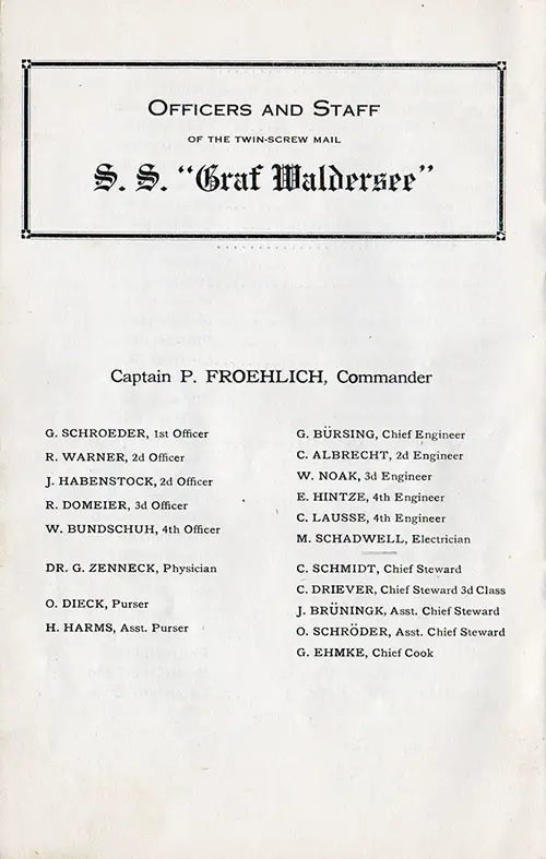 Listing of Officers and Staff of the Twin-Screw Mail Steamer SS Graf Waldersee, SS Graf Waldersee Passenger List, 24 May 1911.