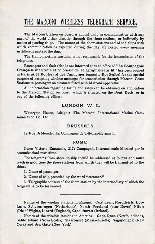 The Marconi Wireless Telegraph Service, 1911.