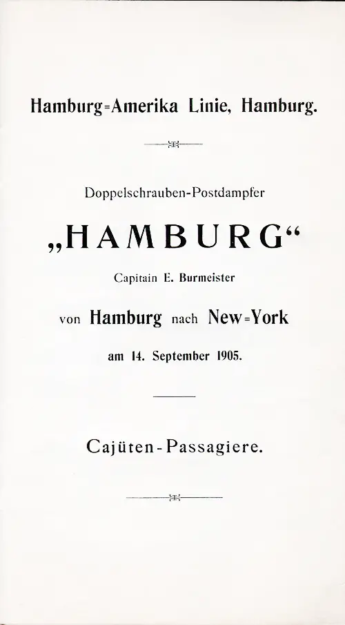 Title Page, SS Hamburg Cabin Passenger List, 14 September 1905.