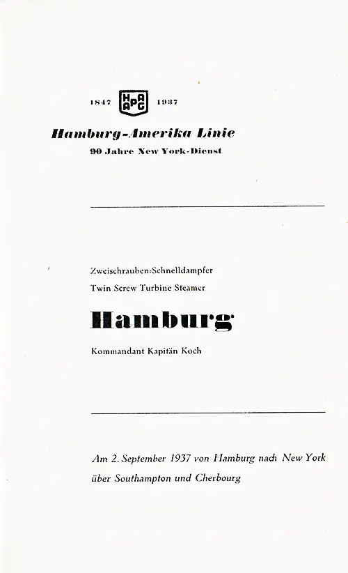 Title Page, SS Hamburg Tourist and Third Class Passenger List, 2 September 1937.