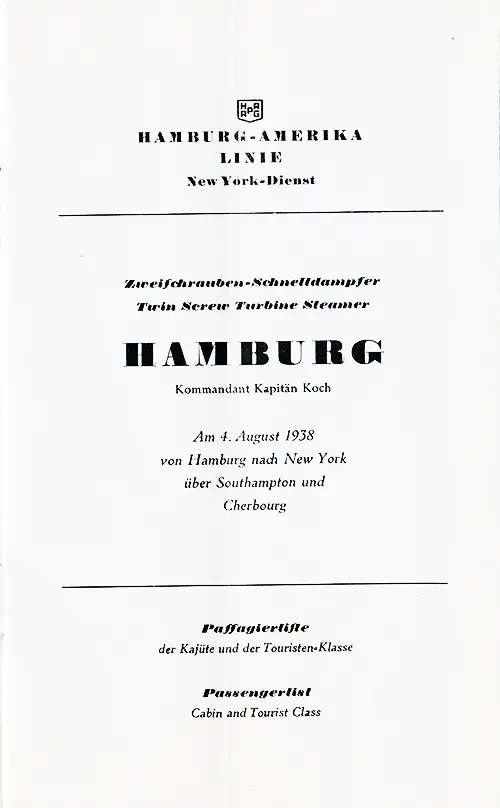 Title Page, SS Hamburg Cabin and Tourist Class Passenger List, 4 August 1938.
