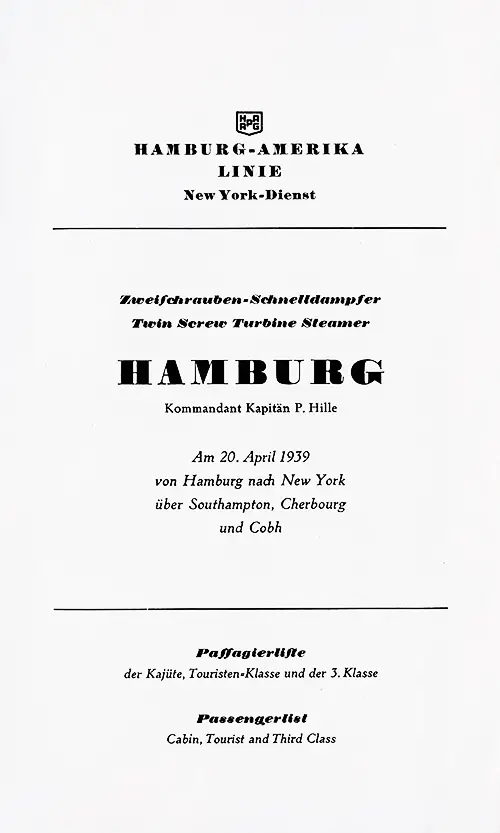 Title Page, SS Hamburg Cabin, Tourist, and Third Class Passenger List, 20 April 1939.