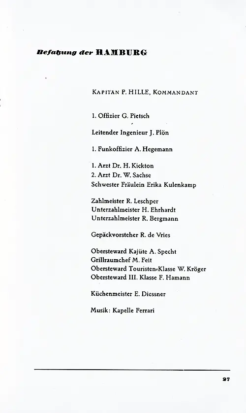 List of Senior Officers and Staff, SS Hamburg Cabin, Tourist, and Third Class Passenger List, 20 April 1939.