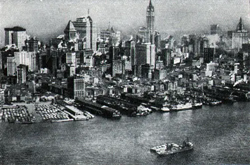 View Of The Skyscrapers In Manhattan New York On Approach To Pier.