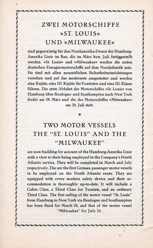 The SS St. Louis and the SS Milwaukee are being built by the Hamburg-American Line for Their North Atlantic Routes.