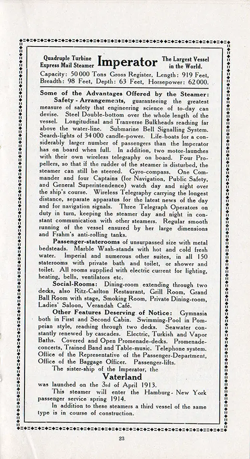 Information Sheet on the SS Imperator of the Hamburg-American Line, 1913.