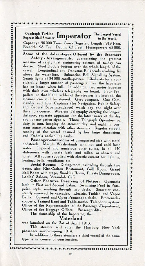 "Quadruple Turbine Express Mail Steamer Imperator, The Largest Vessel in the World," in a Hamburg American Line Passenger List for the SS Pretoria, 25 October 1913.