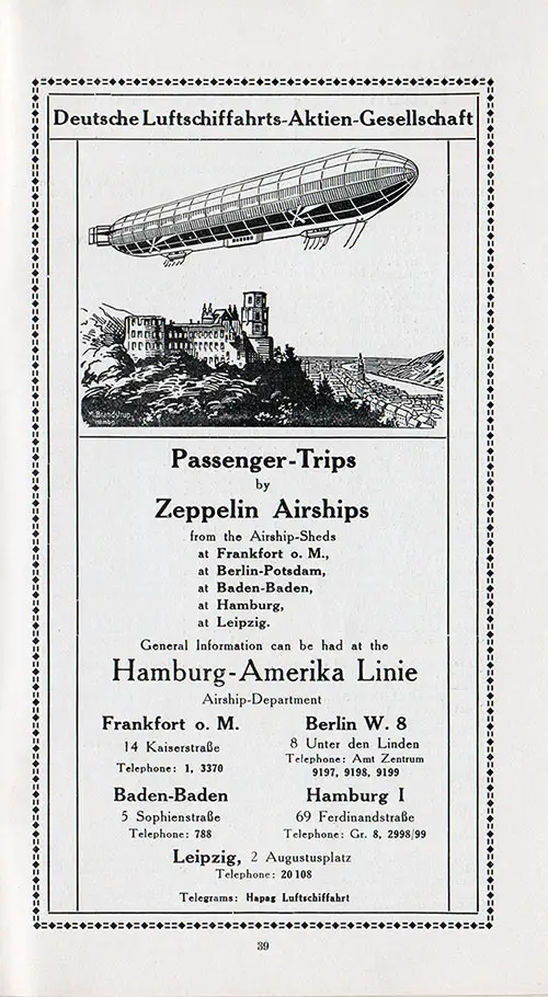 Advertisement for the Zepplin Airships Passenger Trips, 1913.
