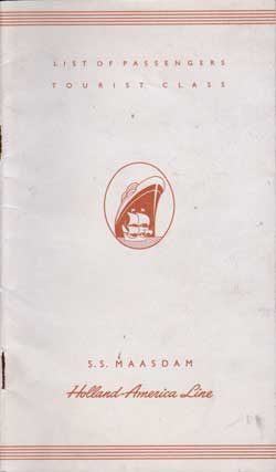 Front Cover, 1953-07-15 SS Maasdam Passenger List
