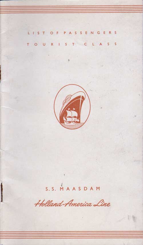 Front Cover, SS Maasdam Passenger List - 15 July 1953
