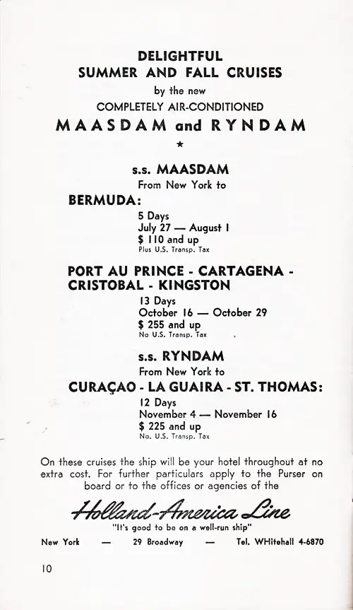 Advertisement: Delightful Summer and Fall Cruises by the New Completely Air-Conditioned SS Maasdam and SS Ryndam, 1953.