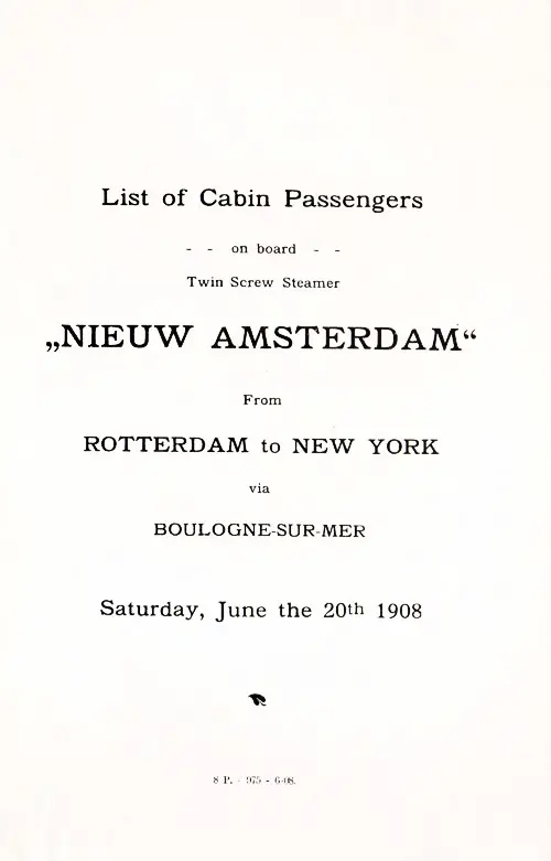 Title Page, TSS Nieuw Amsterdam Cabin Passenger List, 20 June 1908.