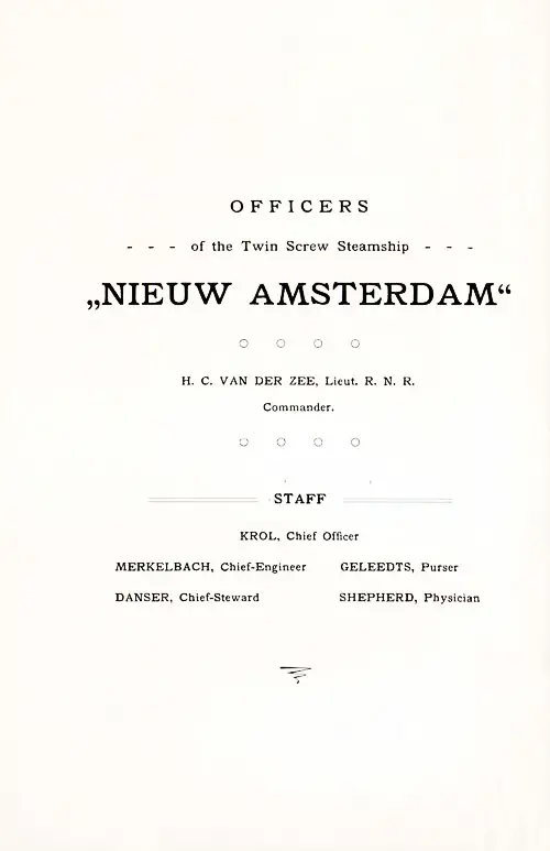 List of Senior Officers and Staff, TSS Nieuw Amsterdam Cabin Passenger List, 20 June 1908.