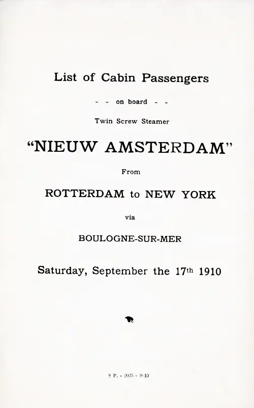 Title Page, TSS Niuew Amssterdam Cabin Passenger List, 17 September 1910.
