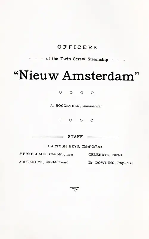 List of Senior Officers and Staff, TSS Nieuw Amsterdam Cabin Passenger List, 17 September 1910.