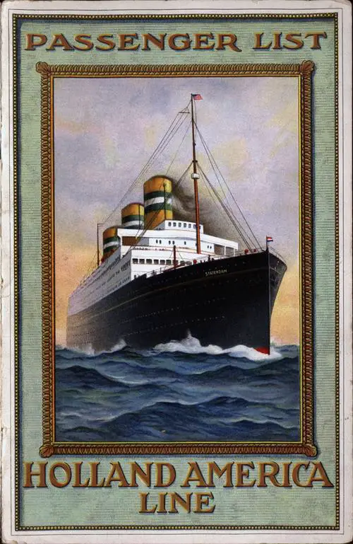 Front Cover of a Cabin Passenger List for the TSS Nieuw Amsterdam of the Holland-America Line, Departing 29 May 1915 from Rotterdam to New York