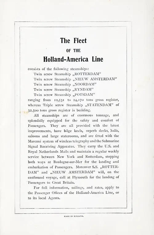 The Fleet of Holland-Americ Line. SS Nieuw Amsterdam Passenger List, 29 May 1915.