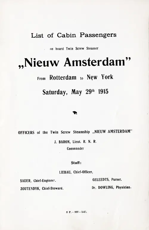 Title Page, TSS Nieuw Amsterdam Cabin Passenger List, 29 May 1915.