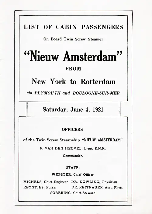 Title Page, TSS Nieuw Amsterdam Cabin Passenger List, 4 June 1921.