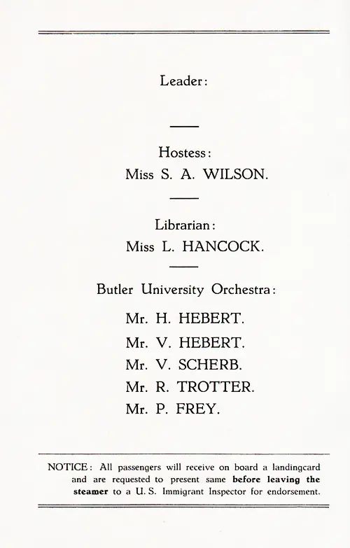 S.T.C.A. Staff and Orchestra, TSS Nieuw Amsterdam S.T.C.A. Passenger List, 13 August 1929.