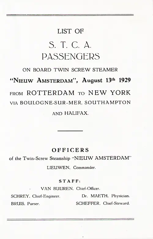 Title Page, TSS Nieuw Amsterdam S.T.C.A. Passenger List, 13 August 1929.