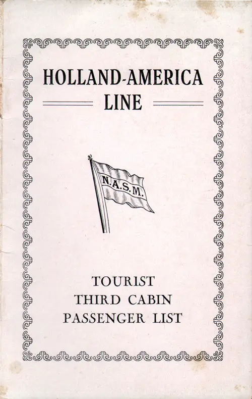 Front Cover of a Tourist Third Cabin Passenger List for the TSS Nieuw Amsterdam of the Holland-America Line, Departing 26 July 1930 from Rotterdam to New York via Boulogne-sur-Mer and Southampton