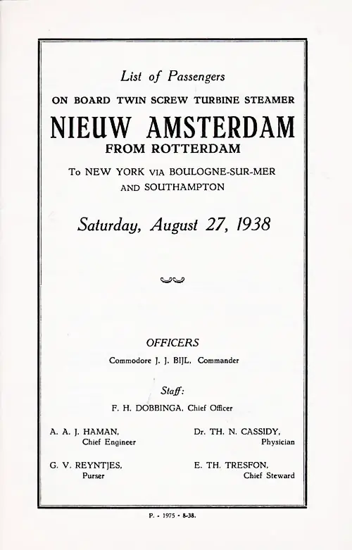 Title Page, TSS Nieuw Amsterdam Cabin, Tourist, and Third Class Passenger List, 27 August 1938.