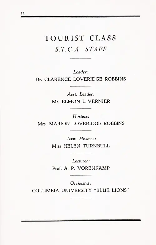 Tourist Class S.T.C.A. Staff. TSS Nieuw Amsterdam Passenger List, 27 August 1938.