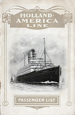 Front Cover of a Cabin Passenger List for the TSS Noordam of the Holland-America Line, Departing Tuesday, 19 June 1912 from New York to Rotterdam via Boulogne-sur-Mer