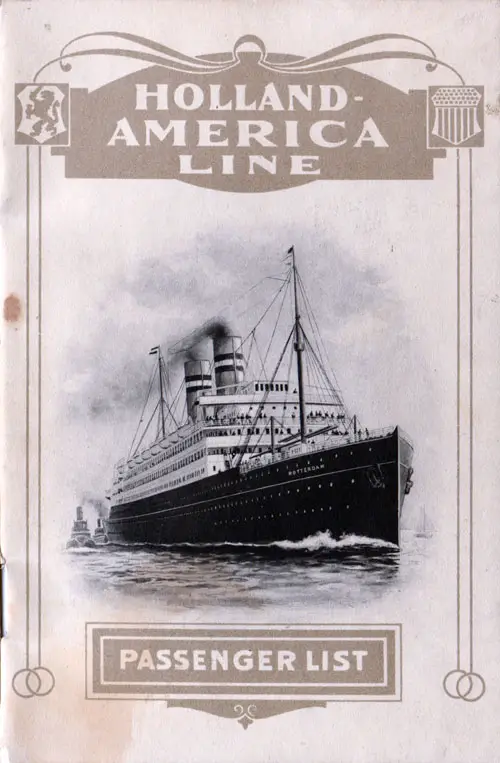 Front Cover of a Cabin Passenger List for the SS Rotterdam of the Holland-America Line, Departing 31 August 1912 from Rotterdam to New York via Boulogne-sur-Mer