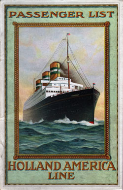 Front Cover of a Cabin Passenger List for the SS Rotterdam of the Holland-America Line, Departing 19 October 1920 from Rotterdam to New York via Boulogne-sur-Mer and Plymouth