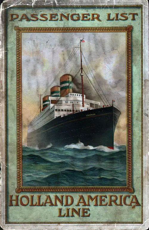 Front Cover of a Cabin Passenger List for the SS Rotterdam of the Holland-America Line, Departing 12 February 1921 from Rotterdam to New York via Boulogne-sur-Mer and Plymouth