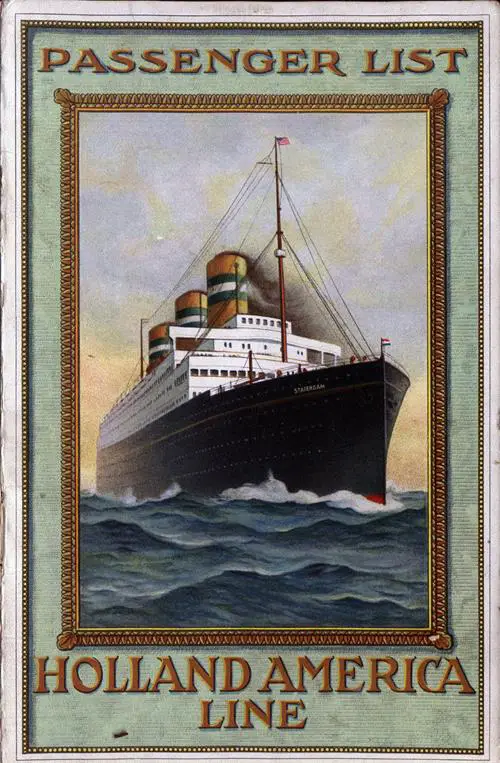 Front Cover of a Cabin Passenger List for the SS Rotterdam of the Holland-America Line, Departing 8 June 1921 from Rotterdam to New York via Boulogne-sur-Mer and Plymouth