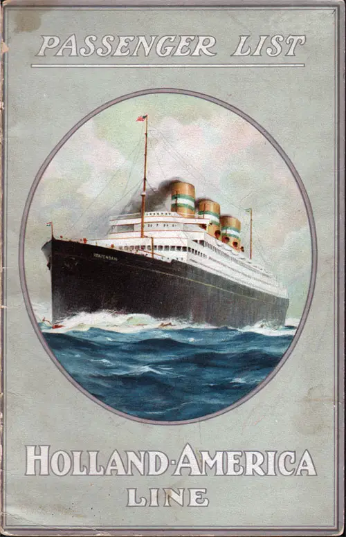 Front Cover of a Cabin Passenger List for the SS Rotterdam of the Holland-America Line, Departing 12 July 1921 from Rotterdam to New York via Boulogne-sur-Mer and Plymouth