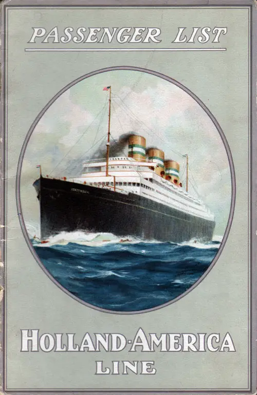 Front Cover of a Cabin Passenger List for the SS Rotterdam of the Holland-America Line, Departing 17 August 1921 from Rotterdam to New York via Boulogne-sur-Mer and Plymouth